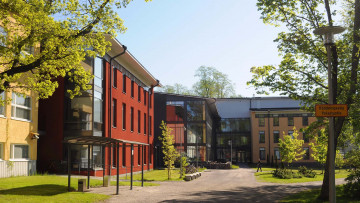 Raseborgs campusområde, vårbild med gröna träd och solljus