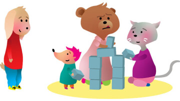 Illustration, djur som leker med klossar