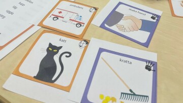 Nyhetsbild Gyllene stunder_lärkort på svenska med katt och kratta