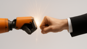 Robothand möter människohand. AI-genererad bild.