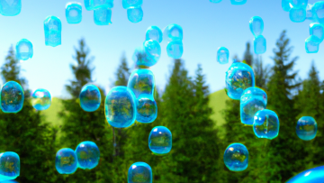 DALLE 2023 01 22 19.45.30 3d render of blue gas bubbles flying with a bright green spruce forest siluette in the background