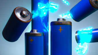 DALLE 2023 01 22 21.59.28 3d render of blue batteries flying with a siluette of electric spark in the background digital art