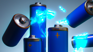 DALLE 2023 01 22 21.59.28 3d render of blue batteries flying with a siluette of electric spark in the background digital art