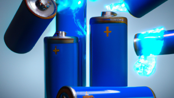 DALLE 2023 01 22 21.59.28 3d render of blue batteries flying with a siluette of electric spark in the background digital art