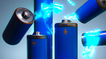 DALLE 2023 01 22 21.59.28 3d render of blue batteries flying with a siluette of electric spark in the background digital art