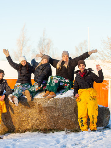 Grupp med studerande vid sten vinkar
